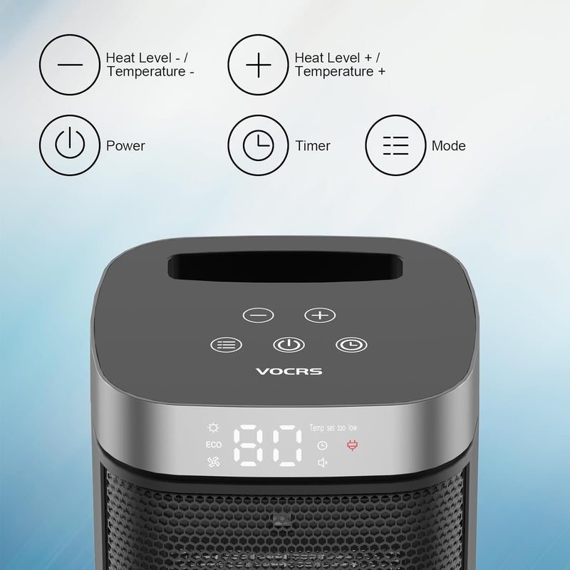 VOCRS Small Portable Space Heater for Indoor Use - 1500W PTC Electric Heater with Thermostat, Remote Control, 12H Timer, Eco and Fan Mode, Rapid and Safe Heating for Bedroom, Office - Image 2